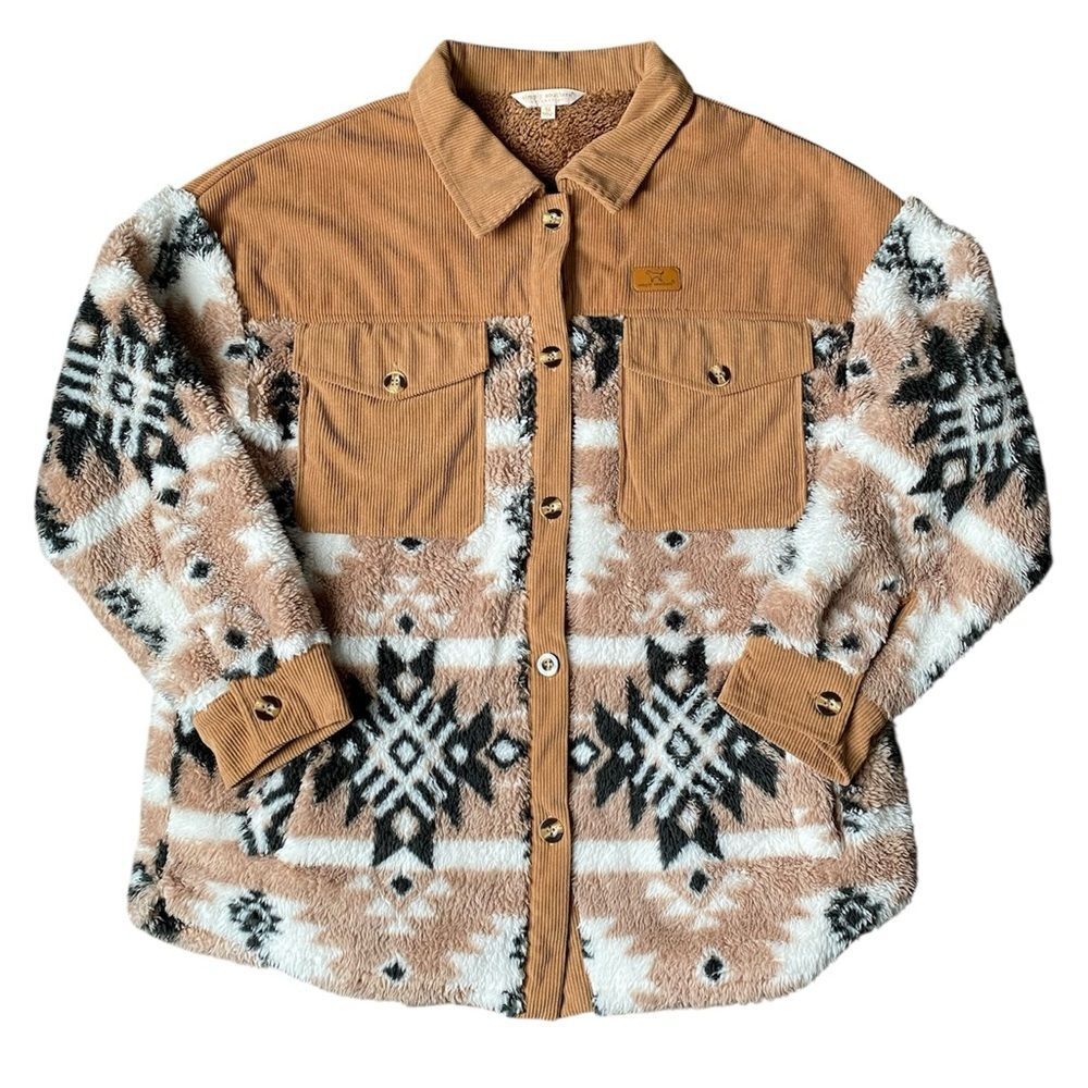 Simply Southern Aztec Sherpa Shacket Corduroy Button Up Fleece Jacket Brown M - Picture 3 of 7